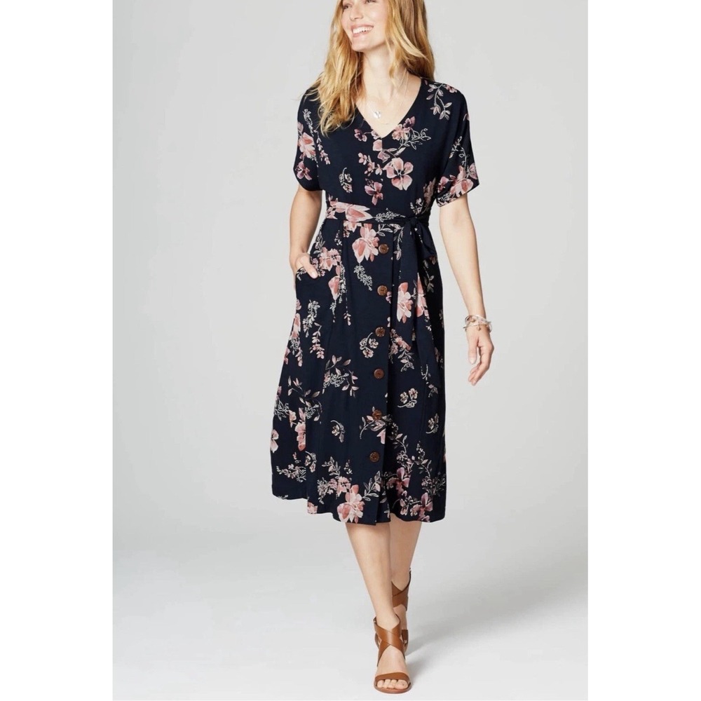 J.Jill Size-M Midi A Line Dress Blue Pink Floral V-Neck Dolman Sleeve